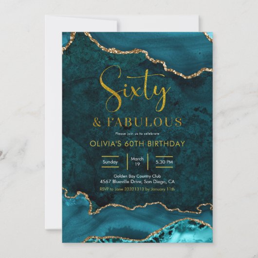 ティール(緑がかった色)と金ゴールドアゲート60thと素晴らしい招待状 招待状 (正面)