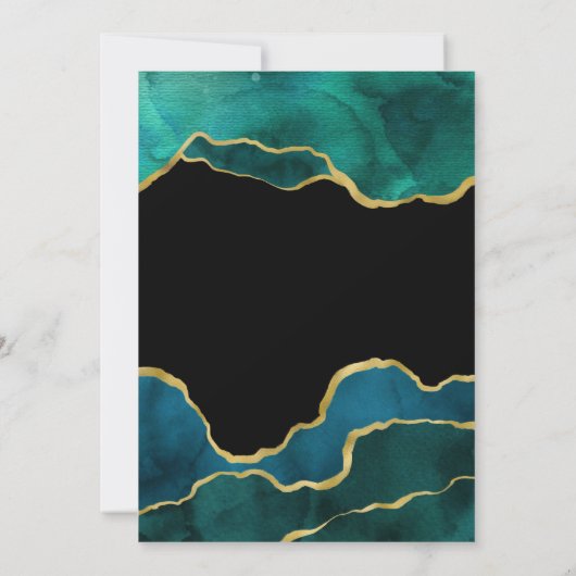 ティール（緑がかった色）と金ゴールドアゲー減らト結婚のゲストリスト 案内状 (裏面)