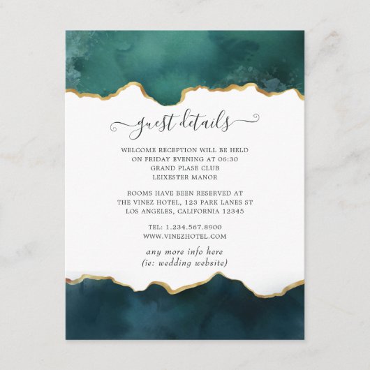 ティール（緑がかった色）と金ゴールドアゲ結婚ートズゲスト詳細 エンクロージャーカード (正面)