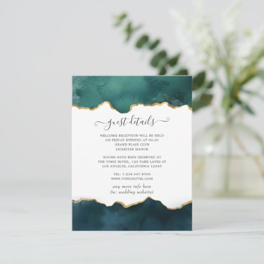 ティール（緑がかった色）と金ゴールドアゲ結婚ートズゲスト詳細 エンクロージャーカード (スタンド正面)