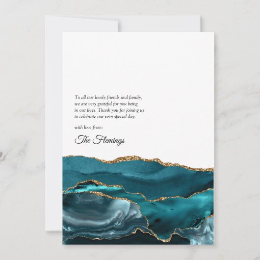 ティール（緑がかった色）と金ゴールドアゲ結婚ート サンキューカード (裏面)