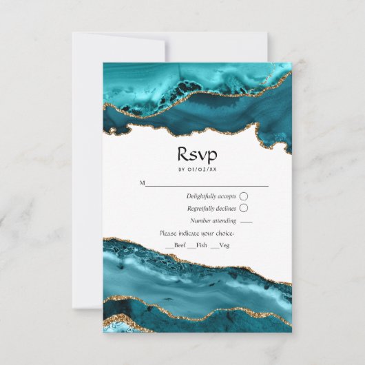 ティール(緑がかった色)と金ゴールドアゲ結婚ート 出欠カード (正面)