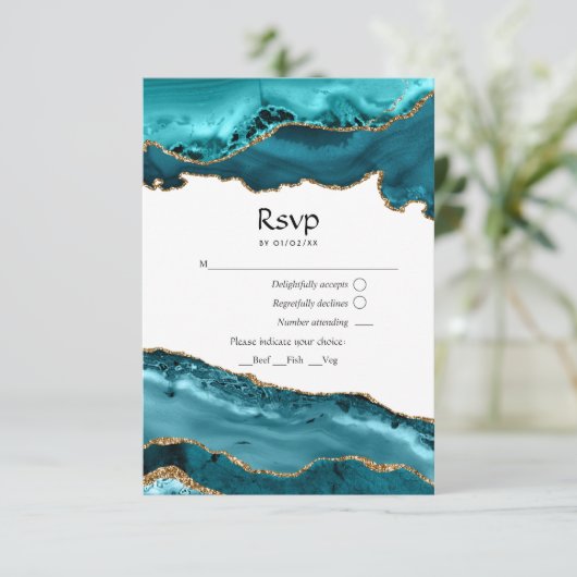 ティール（緑がかった色）と金ゴールドアゲ結婚ート 出欠カード (スタンド正面)