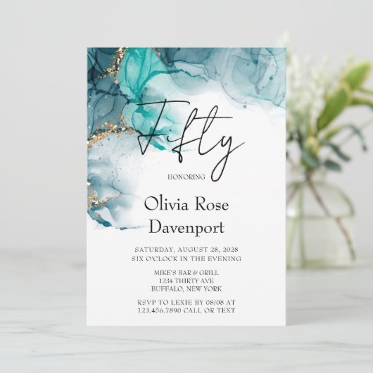 ティール(緑がかった色)と金ゴールドアルコールインク50th誕生日パーティー 招待状 (スタンド正面)