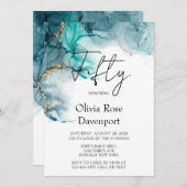 ティール(緑がかった色)と金ゴールドアルコールインク50th誕生日パーティー 招待状 (正面/裏面)