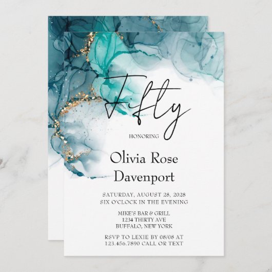 ティール(緑がかった色)と金ゴールドアルコールインク50th誕生日パーティー 招待状 (正面/裏面)