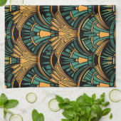 ティール（緑がかった色）と金ゴールドアールデコ キッチンタオル (折り畳み)