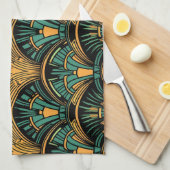ティール（緑がかった色）と金ゴールドアールデコ キッチンタオル (四つ折り)