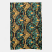 ティール（緑がかった色）と金ゴールドアールデコ キッチンタオル (縦)