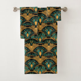 ティール（緑がかった色）と金ゴールドアールデコ バスタオルセット