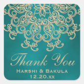 ティール（緑がかった色）と金ゴールドインディアンインスパイアお礼ラベル スクエアシール (正面)