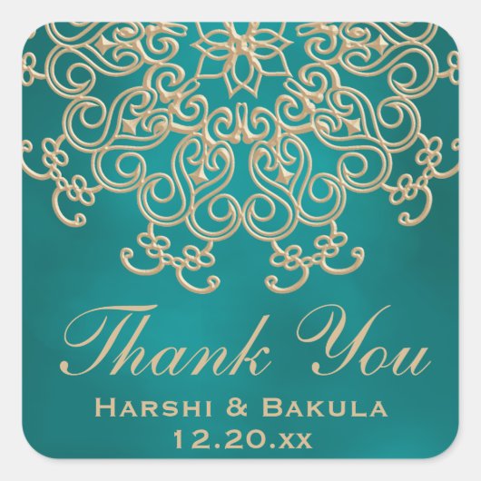 ティール(緑がかった色)と金ゴールドインディアンインスパイアお礼ラベル スクエアシール (正面)