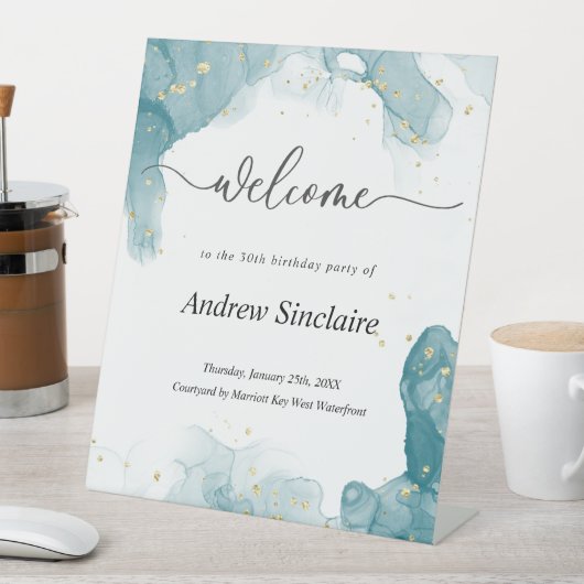 ティール（緑がかった色）と金ゴールドウェルカムパーティー署名 台座サイン (インサイチュ)