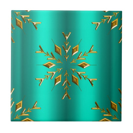 ティール(緑がかった色)と金ゴールドクリスマススター タイル (正面)