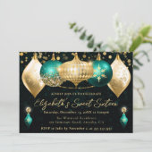 ティール（緑がかった色）と金ゴールドクリスマスバウブルズスウィート16 招待状 (スタンド正面)