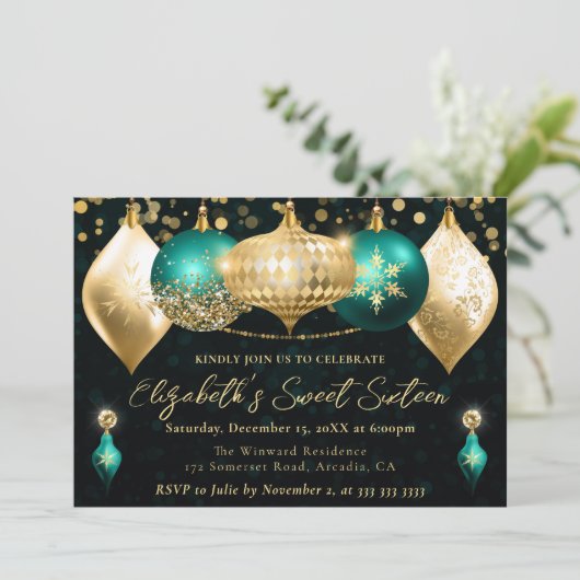ティール（緑がかった色）と金ゴールドクリスマスバウブルズスウィート16 招待状 (スタンド正面)