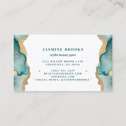 ティール（緑がかった色）と金ゴールドグラムウォーター色 名刺 (裏面)