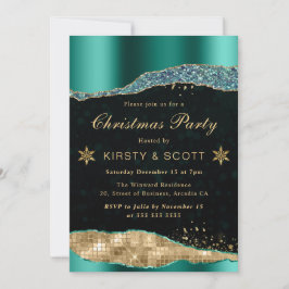 ティール（緑がかった色）と金ゴールドグラムティアーズクリスマスパーティー 招待状