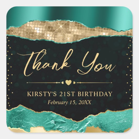 ティール（緑がかった色）と金ゴールドグラムティアーズバースデーパーティー スクエアシール (正面)