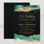 ティール（緑がかった色）と金ゴールドグラムティアーズバースデーパーティー 招待状 (正面/裏面)