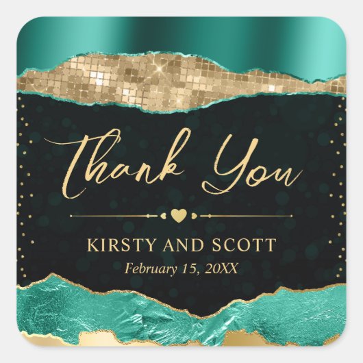 ティール（緑がかった色）と金ゴールドグラムティアーズ結婚《写真》ぼけ味 スクエアシール (正面)