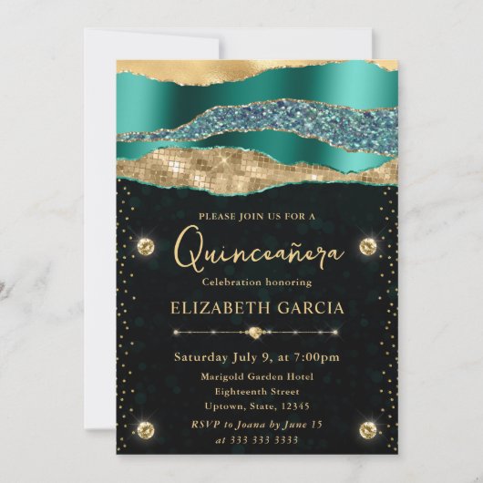ティール(緑がかった色)と金ゴールドグラムティアーズ《写真》ぼけ味キンセアニェラ 招待状 (正面)