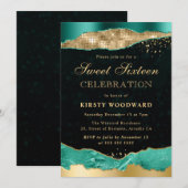 ティール（緑がかった色）と金ゴールドグラムティアーズSweet sixteen 招待状 (正面/裏面)