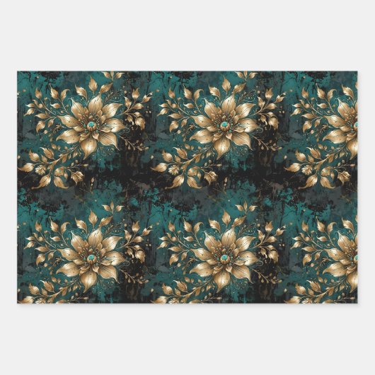 ティール（緑がかった色）と金ゴールドグランジ花模様 ラッピングペーパーシート (正面3)