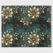 ティール（緑がかった色）と金ゴールドグランジ花模様 ラッピングペーパー (フラット)