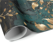ティール（緑がかった色）と金ゴールドグランジ花模様 ラッピングペーパー (ロールコーナー)