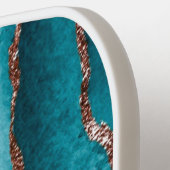 ティール（緑がかった色）と金ゴールドグリッターの水色パーソナライズされた ピックルボールラケット (左詳細)