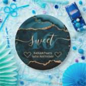 ティール(緑がかった色)と金ゴールドグリッターアガートマーブルスウィート16 ペーパープレート (パーティー)