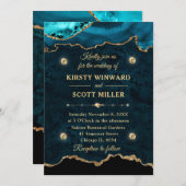 ティール(緑がかった色)と金ゴールドグリッターアゲートマーブル結婚ズ 招待状 (正面/裏面)