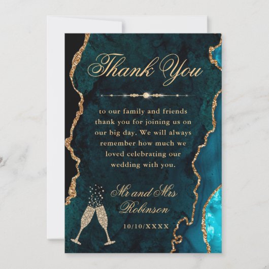 ティール（緑がかった色）と金ゴールドグリッターアゲート&マーブル結婚ズ サンキューカード (正面)