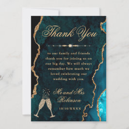 ティール（緑がかった色）と金ゴールドグリッターアゲート&マーブル結婚ズ サンキューカード