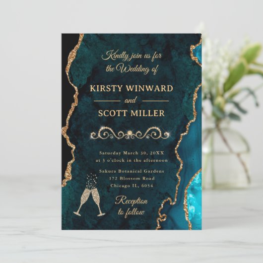 ティール(緑がかった色)と金ゴールドグリッターアゲート&マーブル結婚ズ 招待状 (スタンド正面)