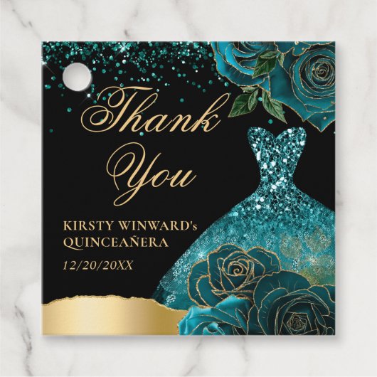 ティール（緑がかった色）と金ゴールドグリッタードレスグラムバラキンセアニェラ フェイバータグ (正面)