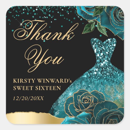 ティール（緑がかった色）と金ゴールドグリッタードレスグラムバラスウィート16 スクエアシール (正面)