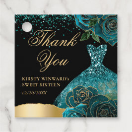 ティール（緑がかった色）と金ゴールドグリッタードレスグラムバラスウィート16 フェイバータグ