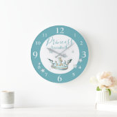 ティール(緑がかった色)と金ゴールドグリッタープリンセスクラウンと名前 ラージ壁時計 (ホーム)