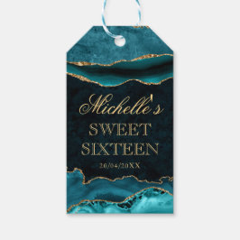 ティール（緑がかった色）と金ゴールドグリッターマーブルアガテスウィート16 ギフトタグ