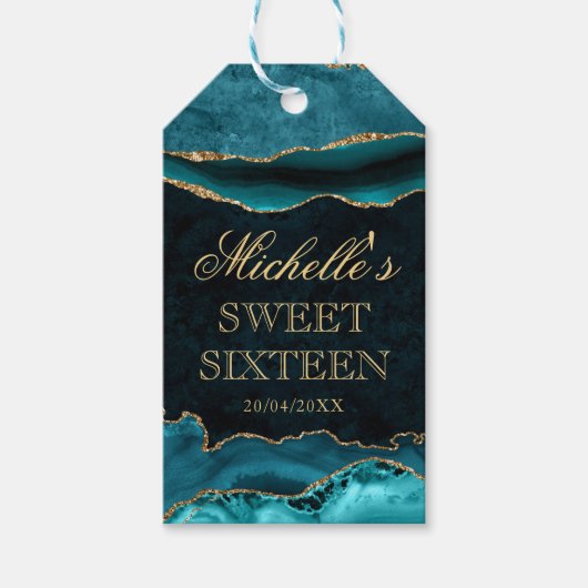 ティール（緑がかった色）と金ゴールドグリッターマーブルアガテスウィート16 ギフトタグ (正面)