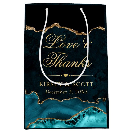 ティール（緑がかった色）と金ゴールドグリッターマーブルアゲテ結婚ス ミディアムペーパーバッグ (正面)