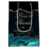 ティール（緑がかった色）と金ゴールドグリッターマーブルアゲテ結婚ス ミディアムペーパーバッグ (裏面)