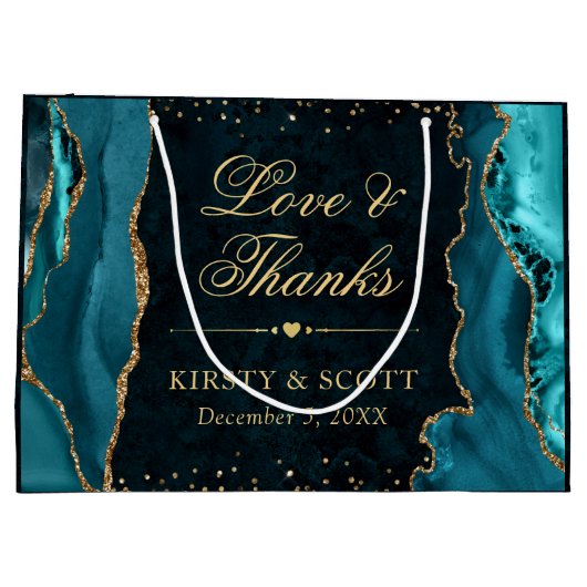 ティール(緑がかった色)と金ゴールドグリッターマーブルアゲテ結婚ス ラージペーパーバッグ (裏面)