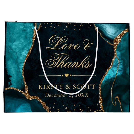 ティール（緑がかった色）と金ゴールドグリッターマーブルアゲテ結婚ス ラージペーパーバッグ (裏面)