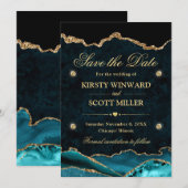 ティール（緑がかった色）と金ゴールドグリッター大理石Agate日付を保存 セーブザデート (正面/裏面)