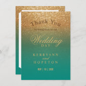 ティール(緑がかった色)と金ゴールドグリッター – ありがとう サンキューカード (正面/裏面)