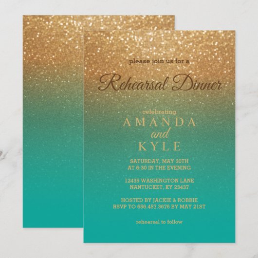 ティール（緑がかった色）と金ゴールドグリッター – リハーサルディナー 招待状 (正面/裏面)