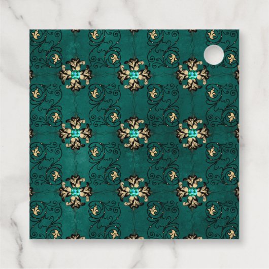 ティール（緑がかった色）と金ゴールドグリフォンダマスクアクアマリンジェムストーン フェイバータグ (裏面)